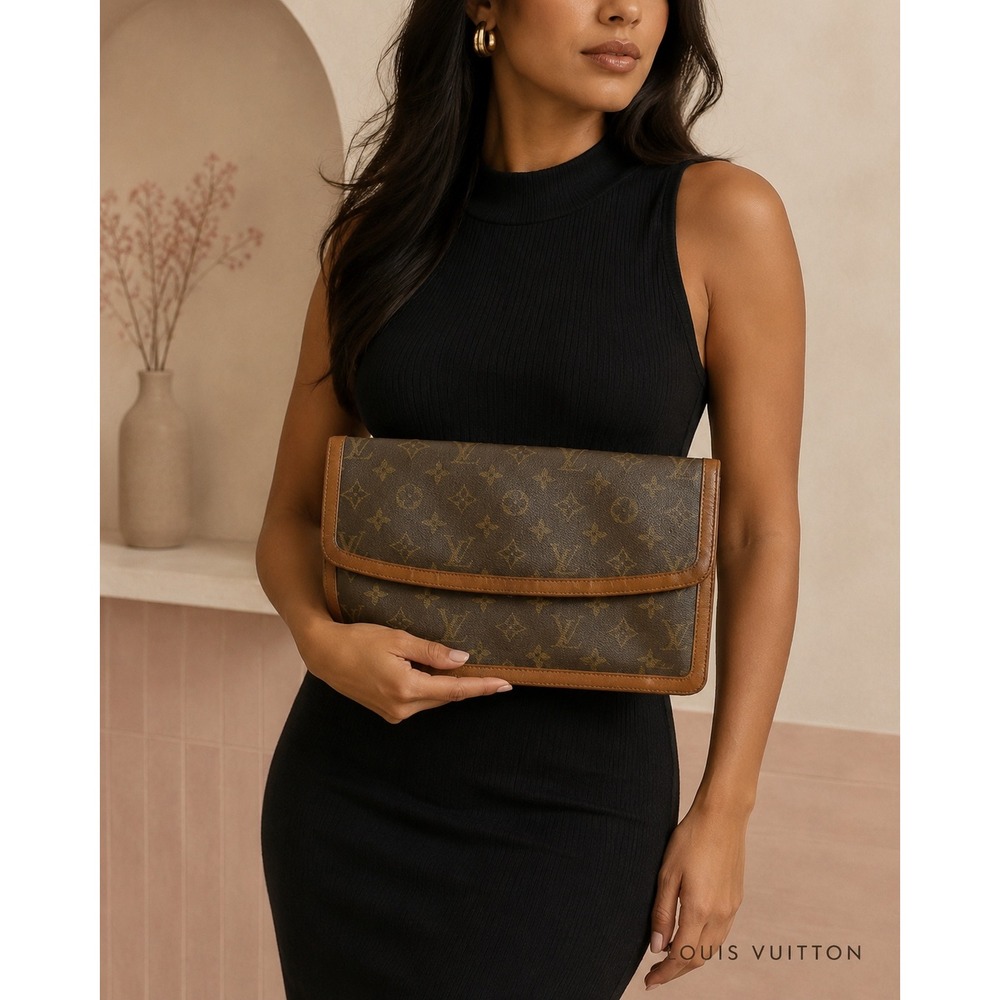 Louis Vuitton Vintage Monogram Pochette Homme Clutch Bag Brown Leather Trim
